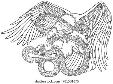 the battle of the eagle and the serpent snake. Outline tattoo style vector illustration 