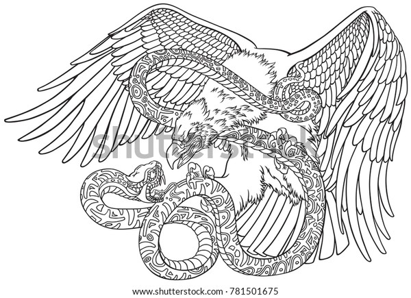 Battle Eagle Serpent Snake Outline Tattoo Stock Vector (Royalty Free ...