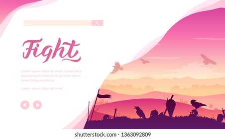 Battle field vector landing page template. Medieval staged fights web banner with text space. Historical museum website homepage. Armors, weapon silhouettes flat minimalistic illustration