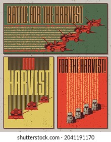 Battle for Harvester! Retro Harvesting and Farming Propaganda Posters Style Illustration Set, Harvesters and Tractors, Fields and Yield 