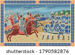 Battle of Hastings. Stylized image in the form of a book medieval miniature