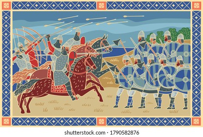 Battle of Hastings. Stylized image in the form of a book medieval miniature