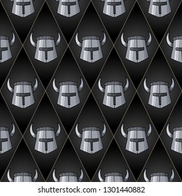 Battle helm seamless pattern. Gold glitter lines and black template. Mixed texture. Steel battle master royal helmet. Design vintage for card, wallpaper, wrapping, textile, etc. Vector Illustration.