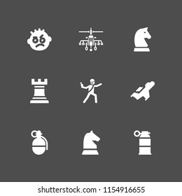 battle icon. 9 battle set with grenade, military helicopter, fighter and tough vector icons for web and mobile app