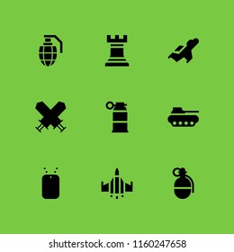 battle icon. 9 battle set with grenade, fighter, soldier and warrior vector icons for web and mobile app