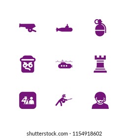 battle icon. 9 battle set with soldier, chess, tough and submarine vector icons for web and mobile app