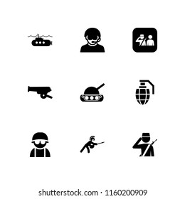 battle icon. 9 battle set with war, soldier, war tank and grenade vector icons for web and mobile app