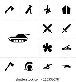 Battle icon. collection of 13 battle filled icons such as paintball, axe, knight, sword, catapult, cannon. editable battle icons for web and mobile.