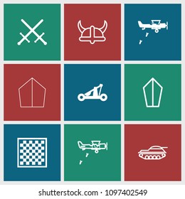 Battle icon. collection of 9 battle filled and outline icons such as sword, catapult, military plane, helmet, tank. editable battle icons for web and mobile.
