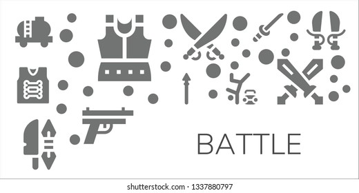 battle icon set. 11 filled battle icons.  Collection Of - Tank, Armour, Armor, Spear, Weapon, Hip hop, Saber, Gun, Katana, Swords, Sword