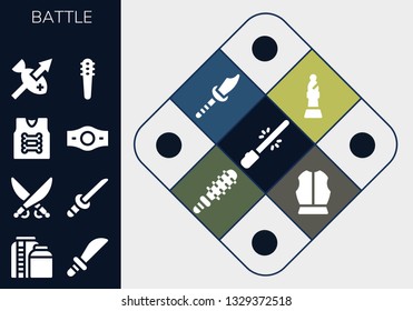 battle icon set. 13 filled battle icons.  Simple modern icons about  - Saber, Tank, Weapons, Katana, Armor, Champion belt, Spear, Bishop, Weapon, Mace, Armour