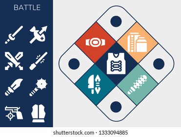 battle icon set. 13 filled battle icons.  Simple modern icons about  - Armor, Gun, Armour, Dagger, Weapon, Swords, Saber, Sword, Spear, Tank, Champion belt, Mace