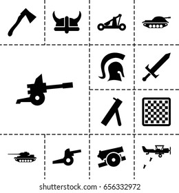 Battle icon. set of 13 filled battleicons such as axe, knight, sword, catapult, helmet, cannon, tank, military plane