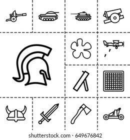 Battle icon. set of 13 outline battleicons such as axe, knight, sword, catapult, helmet, cannon, tank, military plane, chess board