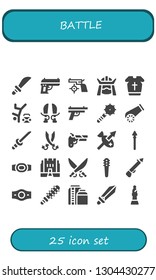battle icon set. 25 filled battle icons.  Simple modern icons about  - Weapons, Gun, Samurai, Armour, Hip hop, Sword, Weapon, Cannon, Katana, Sabers, Spear, Champion belt, Medieval