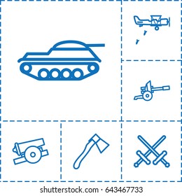Battle icon. set of 6 battle outline icons such as axe, cannon, tank, military plane
