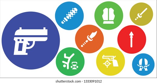 battle icon set. 9 filled battle icons.  Collection Of - Gun, Mace, Armour, Hip hop, Weapon, Spear, Sword