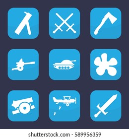 battle icon. Set of 9 battle filled icons such as axe, sword, cannon, tank, military plane