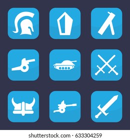 Battle icon. set of 9 filled battle icons such as knight, sword, helmet, cannon