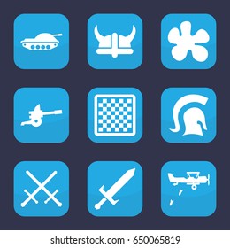 Battle icon. set of 9 filled battle icons such as knight, sword, helmet, cannon, tank, military plane, chess board