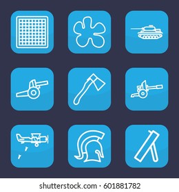 battle icon. Set of 9 outline battle icons such as axe, knight, cannon, tank, military plane, chess board