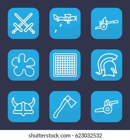 Battle icon. set of 9 outline battle icons such as axe, knight, helmet, cannon, military plane, chess board, paintball