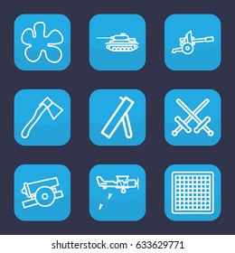 Battle icon. set of 9 outline battle icons such as axe, cannon, tank, military plane, chess board, paintball