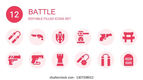 battle icon set. Collection of 12 filled battle icons included Nunchaku, Gun, Fighting game, Hammer game, Rook, Weapons, Katana, Warrior