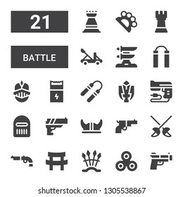 battle icon set. Collection of 21 filled battle icons included Gun, Weapons, Katana, Fencing, Viking helmet, Warrior, Fighting game, Nunchaku, Knight, Catapult, Rook, Brass knuckles