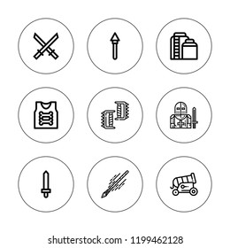 Battle icon set. collection of 9 outline battle icons with armor, cannon, knight, katana, knuckles, spear, tank icons. editable icons.