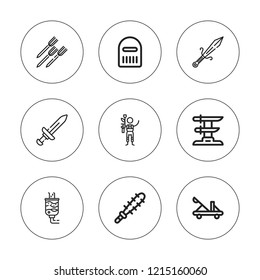 Battle icon set. collection of 9 outline battle icons with catapult, dagger, katana, mace, tank, weapon, sword, warrior icons. editable icons.
