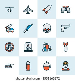 Battle icons colored line set with artillery, gun, military helicopter and other cranium

 elements. Isolated vector illustration battle icons.