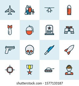 Battle icons colored line set with refugee, grenade, bomb and other missile elements. Isolated vector illustration battle icons.