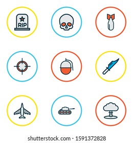 Battle icons colored line set with skull, sniper target, tank and other explosive elements. Isolated vector illustration battle icons.