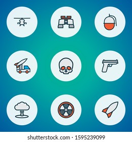 Battle icons colored line set with military rocket, gun, military helicopter and other radioactive elements. Isolated vector illustration battle icons.