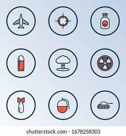 Battle icons colored line set with poison, nuclear explosion, bullet and other jet elements. Isolated vector illustration battle icons.