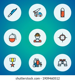 Battle Icons farbige Linie gesetzt mit militärischem Messer, Granate, Flüchtling und anderen ballistischen Elementen. Isolierte Vektorgrafik-Schlachtfeld-Symbole.