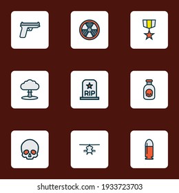 Battle icons colored line set with poison, medal, bio hazard and other radioactive elements. Isolated vector illustration battle icons.