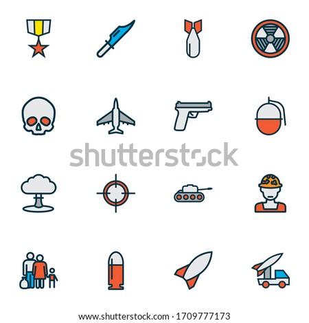 Battle icons colored line set with skull, bomb, artillery and other explosive elements. Isolated vector illustration battle icons.
