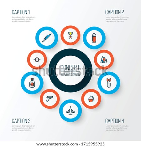 Battle icons colored line set with poison, bullet, gun and other fugitive elements. Isolated vector illustration battle icons.