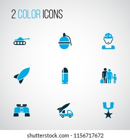 Battle icons colored set with dynamite, zoom, armored car and other soldier elements. Isolated vector illustration battle icons.