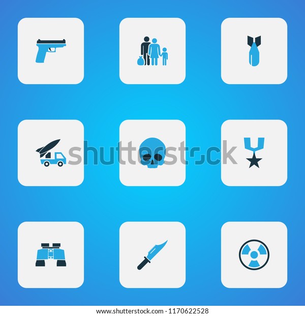 Battle icons colored set with fugitive, armored\
car, cranium and other artillery elements. Isolated vector\
illustration battle\
icons.
