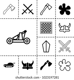 Battle icons. set of 13 editable filled and outline battle icons such as paintball, sword, helmet, tank, axe, catapult