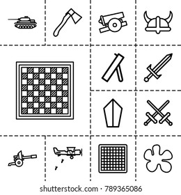 Battle icons. set of 13 editable outline battle icons such as chess board, paintball, sword, axe, helmet, cannon, tank
