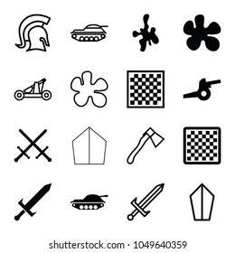 Battle icons. set of 16 editable filled and outline battle icons such as chess board, paintball, sword, cannon, tank, axe, knight