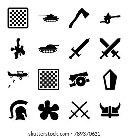 Battle icons. set of 16 editable filled battle icons such as chess board, paintball, sword, axe, knight, helmet, cannon, tank