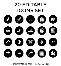 Battle icons. set of 20 editable filled battle icons such as chess board, paintball, sword, axe, knight, catapult, helmet. best quality battle elements in trendy style.
