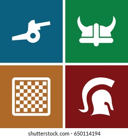 Battle icons set. set of 4 battle filled icons such as knight, helmet, cannon