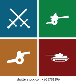 Battle icons set. set of 4 battle filled icons such as cannon, tank