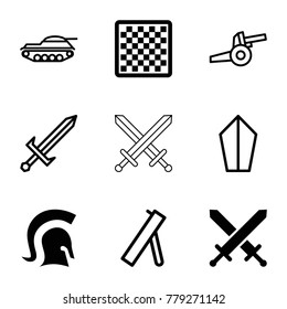 Battle icons. set of 9 editable filled and outline battle icons such as chess board, knight, sword, cannon